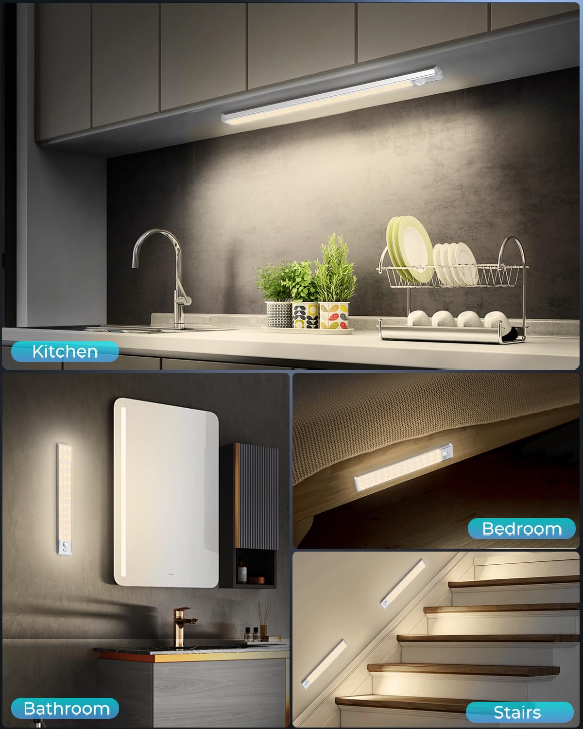 Under Cabinet Lighting - 10.5" Motion Sensor Light Indoor, Magnetic Wireless Closet Lights, Dimmable Led Night Light, Rechargeable Under Counter Lights for Kitchen, Bedroom, Stair, 2 Pack