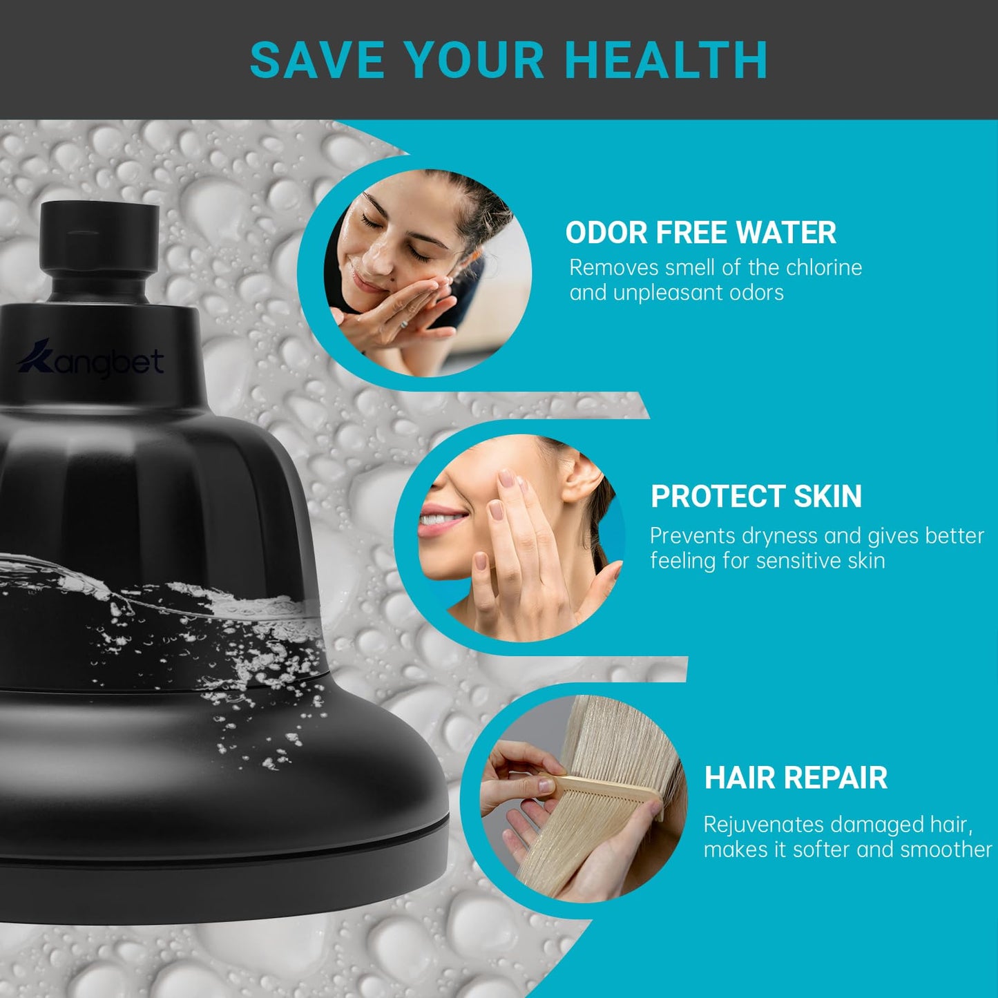Kangbet Filtered Shower Head | Shower Head With Filters | Improves Skin & Hair by Reducing Chlorine & Heavy Metals from Hard Water-Black