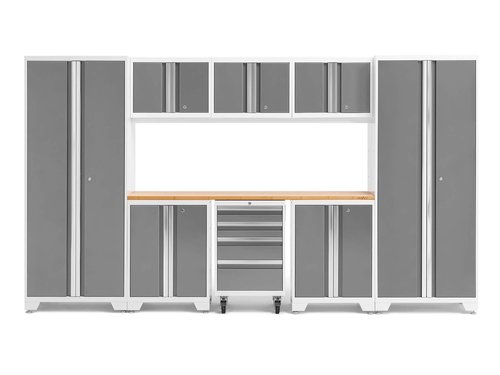 NewAge Products Bold Series White 9 Piece Set, Garage Cabinets, White with Bamboo Worktop, 54992