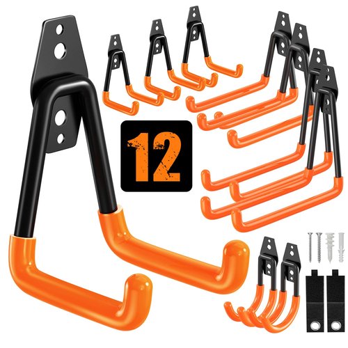 QcoQce 12 Pack Garage Hooks Heavy Duty, Utility Wall Mount Hooks for Hanging Bike, Ladder, Hose, with Extension Cord Straps and Anti-Slip Coating, Garage Organization, Includes Screws (Orange)