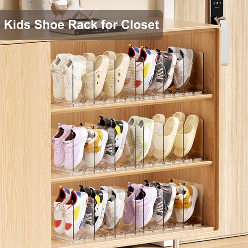 Copidrum Clear Kids Shoe Rack Holder 2PACK Space Saver Shoes Shelf Storage Organizer Stackable Closet Organizers Storage for Purse Handbag Book Dividers Organizer