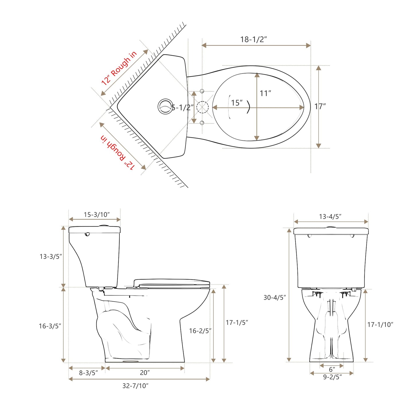SUPERFLO 17.2" Corner Toilet Elongated, Compact Two-piece Toilets with Comfort Height Toilet Bowl & Slow Close Seat, Small Toilets For Small Bathroom-Dual Flush 0.8/1.28 GPF