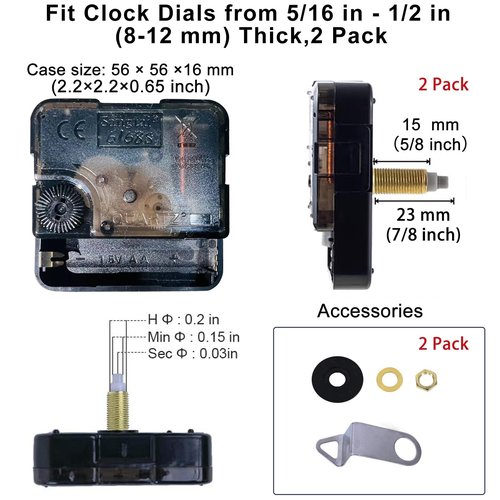 EMOON 2-Pack Silent Clock Movement Kit with 4 Pairs of Short Hands，DIY Repair & Replacement Motor, Total Shaft Length 7/8 in