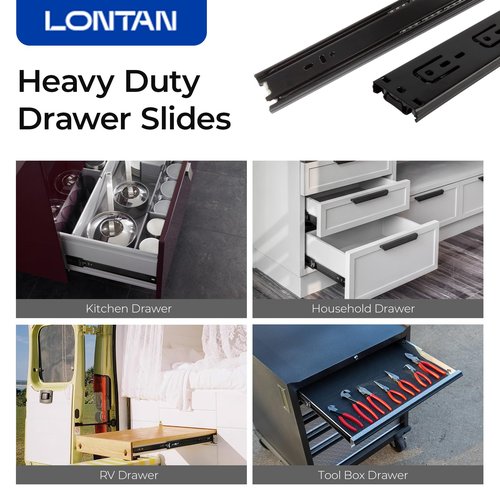 LONTAN 12 Inch Full Extension Ball Bearing Drawer Slides 1 Pair Side Mount Cabinet Rails Tool Box Trash Can Glides Black Heavy Duty Kitchen Drawer Runners 100LB Capacity