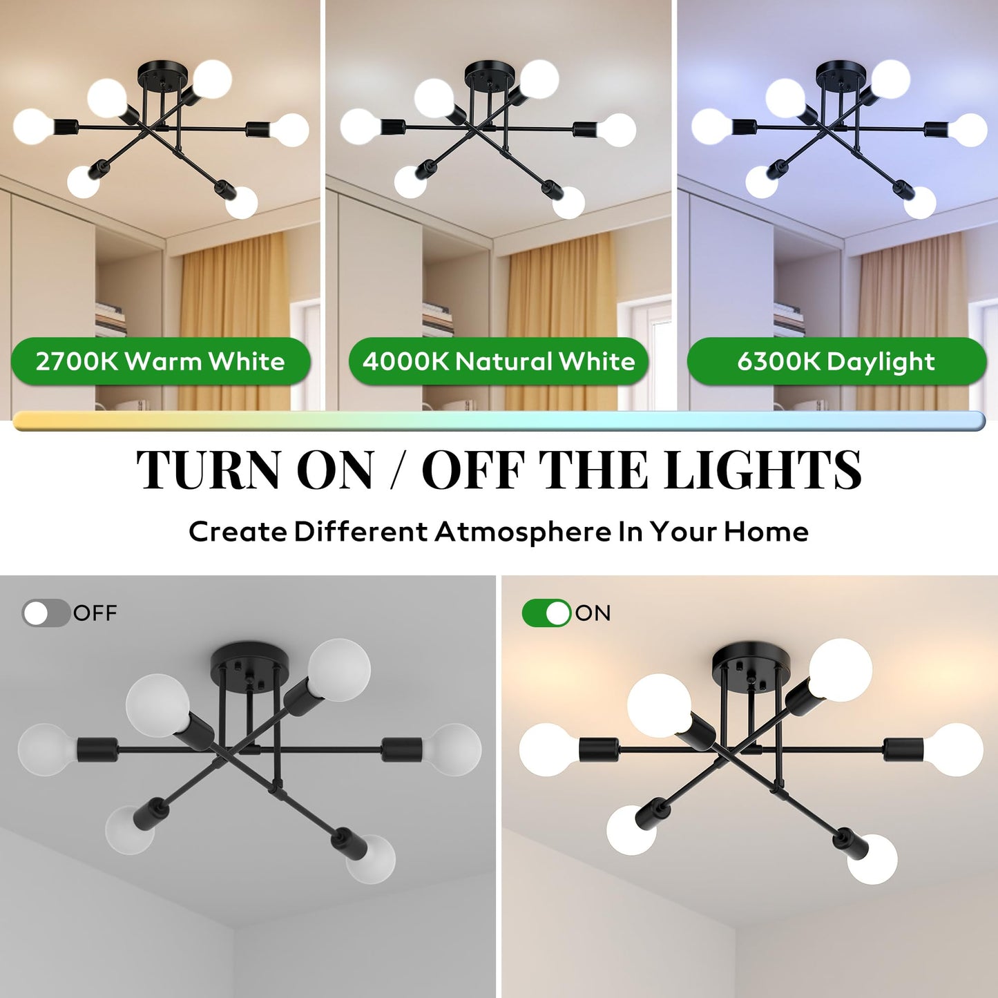 Phaosio Modern Sputnik Chandelier Ceiling Light Fixtures, 6-Lights 22” Mid Century Industrial Metal Semi Flush Mount for Dining Room, Bedroom, Living Room-Black