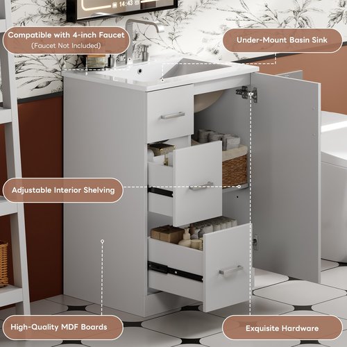 Merax Modern Linear 24" Bathroom Vanity with Sink, Powder Room Small Bathroom Vanity with Storage Cabinet and 2 Drawers, Adjustable Shelf, Ceramic Sink Top, Painted Finish