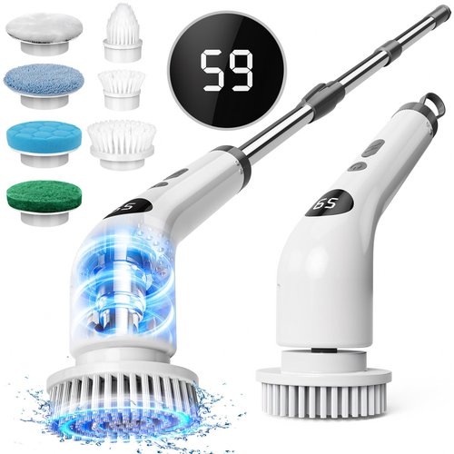 Qimedo Handheld Spin Scrubber with 40In Extended Long Handle, Rechargeable Electric Shower Scrubber for Cleaning, Cordless Power Dish Scrubber with 7 Brushes for Bathtub Grout Tile Floor