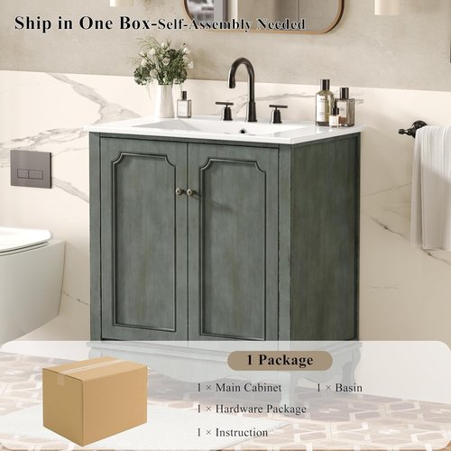 30 in Mid Century Modern Bathroom Vanity with Sink and Soft-Closing Doors,Solid Wood Vintage Antique Single Bathroom Sink Cabinet with Adjustable Shelves, Freestanding Green