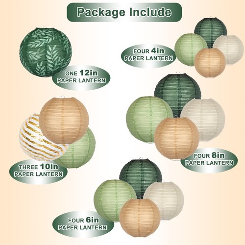 Round Chinese Paper Lanterns Decorative 16pcs Sage Green Brown Hanging Paper Lantern for Graduation, Birthday, Wedding, Jungle Theme Baby Shower Party Decorations