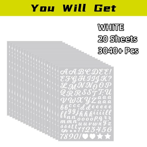 3040Pcs 20 Sheets Small Letter Number Stickers, 0.5inch Colorful Self-Adhesive Vinyl Waterproof Mailbox Number Stickers,Windows, Doors, Signs, Scrapbook (White (Writing Style))