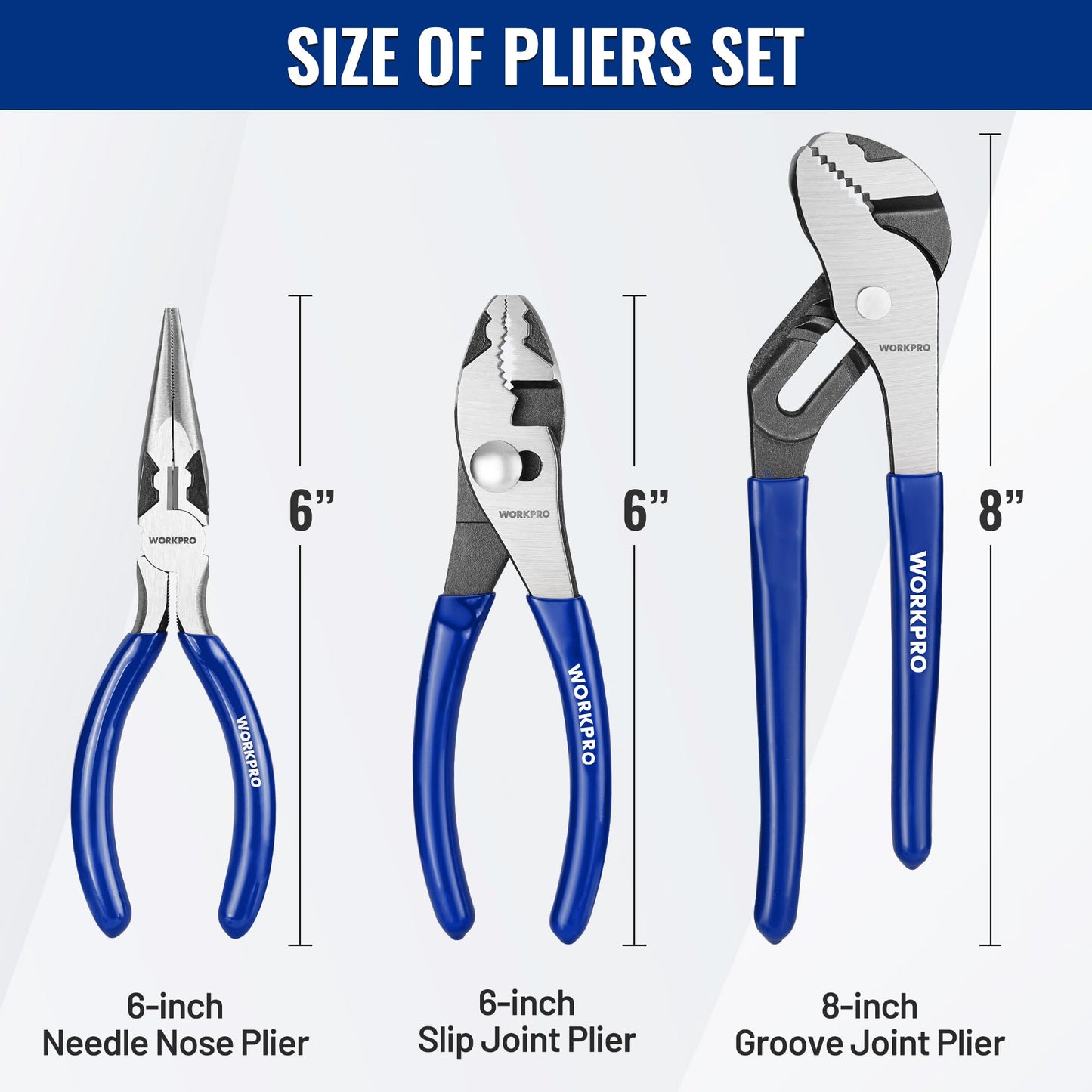 WORKPRO Pliers Set, 3-Piece Plier Tool Set with Soft Handle, 6" Needle Nose, 6" Slip Joint, 8" Groove Joint Plier for DIY & Home Use