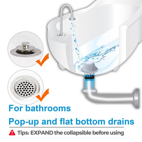 METACHOICE Bathtub & Shower Drain Hair Catcher with Sink Drain Strainer – Silicone Foldable Protector for Pop-Up & Regular Drains, Easy to Clean (Grey)