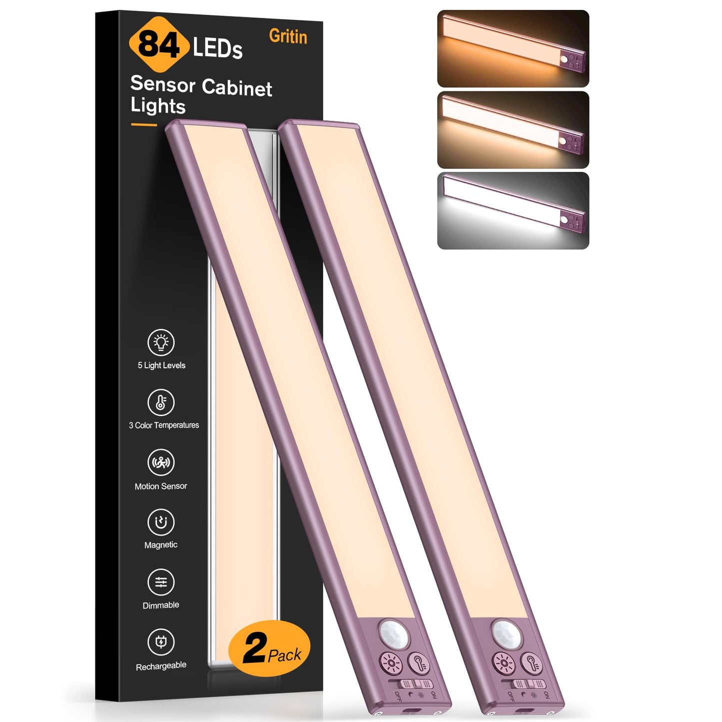 Gritin 10.2inch Under Cabinet Lighting Rechargeable 2 Pack- 3 Color Temps&5 Level Brightness, Super Bright, 4 Modes, Motion Sensor, Long Lasting - Easy Installation Magnetic Under Closet Lights-Mauve
