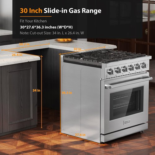 Empava Gas Range,True Convection Oven 4.55 Cu. Ft, 5 Deep Recessed Burners Cooktop, Heavy Duty Continuous Grates in Stainless Steel with Storage Drawer, Freestanding & Slide-in,30 Inch
