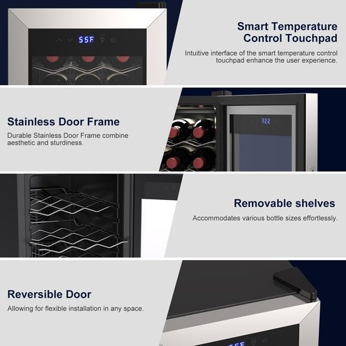 Tecnolove 18 Bottle Wine Cooler with 41-68℉ Digital Temperature Control Stainless Steel 1.7 Cu.Ft LED Light undercounter Glass Door Compressor Small Compact for Red, White and Champagne Beer