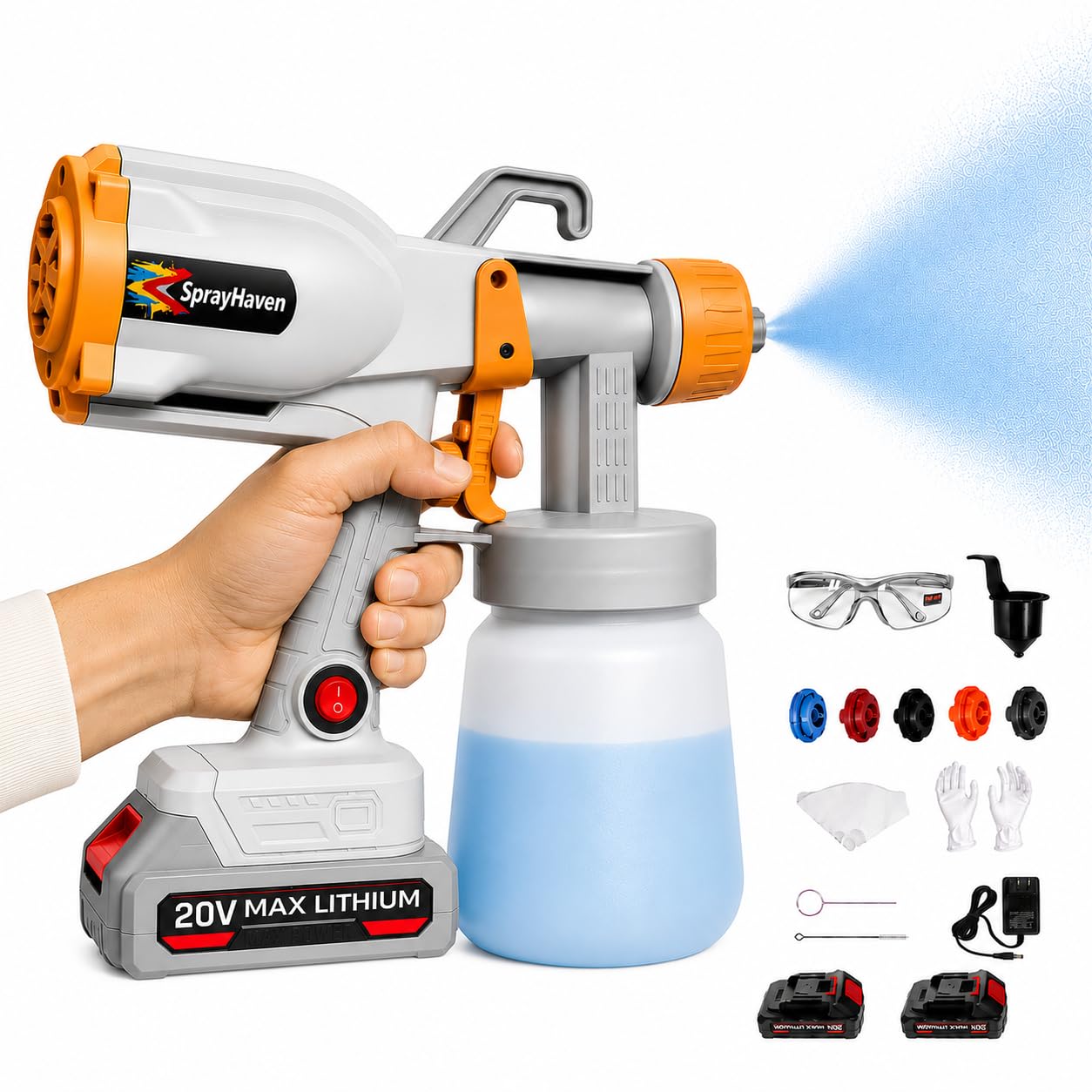 Cordless Paint Sprayer 2 Batteries 2.1 lbs Lightweight HVLP Electric Spray Paint Gun for DIY Homeowners House Painting Furniture Cabinets Walls 5 Nozzles 3 Modes Easy Cleaning