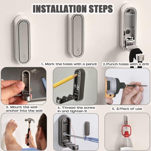4PCS Foldable Wall Hooks, Folding Coat Hook, Folding Hook Wall Mount with 4pcs L-Shape Nail-Free Hooks, Screwdriver and Drill Bit, for Bathroom, Kitchen, Entryway, Holds Coats, Backpacks, Hats, Keys