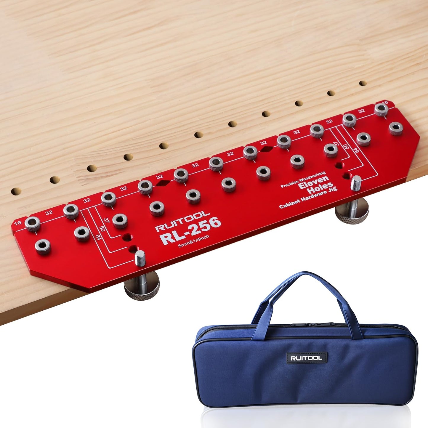 RUITOOL Shelf Pin Jig 11 Holes, Self-contained Clamping Function All Metal Shelf Pin Drilling Jig with 1/4" and 5mm Drill Bit, Shelf Hole Jig and Cabinet Hardware Jig Tool Drill Guide with Storage Bag