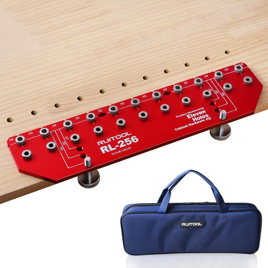 RUITOOL Shelf Pin Jig 11 Holes, Self-contained Clamping Function All Metal Shelf Pin Drilling Jig with 1/4" and 5mm Drill Bit, Shelf Hole Jig and Cabinet Hardware Jig Tool Drill Guide with Storage Bag
