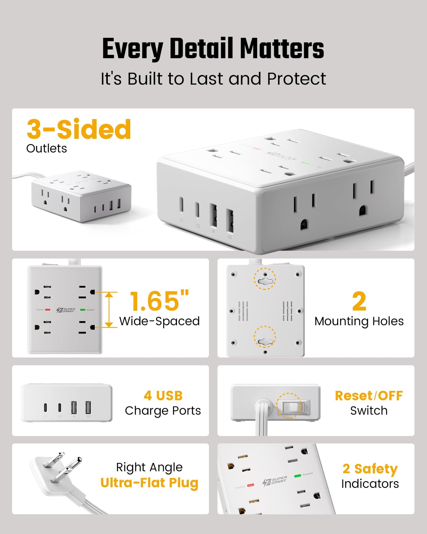 25Ft Long Extension Cord, Flat Plug Power Strip with 8 Outlets & 4 USB Ports (2 USB C), Wall Mountable Surge Protector, Desk Charging Station for Home Office, Dorm Room Essentials