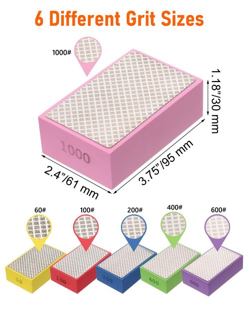 ZORUNNA 6 Pack Diamond Hand Polishing Pads, Diamond Sanding Pads with Foam Backing 60/100/200/400/600/1000 Grit, Sanding Block for Glass Wood Ceramic Marble Metal Tile Tools.