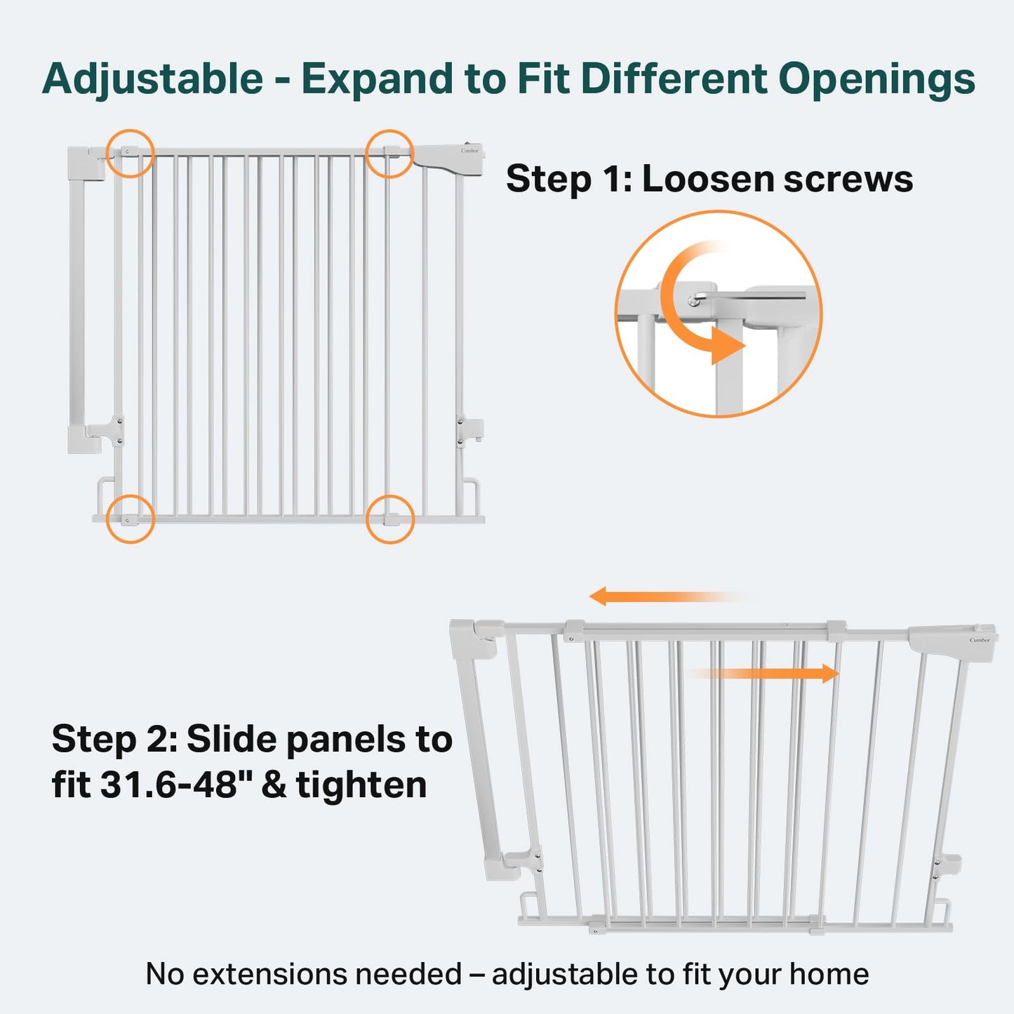 Cumbor Expandable 31.6-48" Baby Gate for Stairs, Hardware Mounted, 2-in-1 No Bottom Bar Dog Gate Indoor, Auto Close Pet Gate for Doorways with Large Walk Thru Door, Child-Proof Gate for Kids (White)