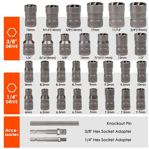 THINKWORK Bolt Extractor Kit, 32-Piece Nut Extractor Socket Set, 1/4" & 3/8" Drive Rounded Bolt Remover, Lug Nut Removal Tool for Damaged, Rusted, Rounded-Off, Stripped Fasteners