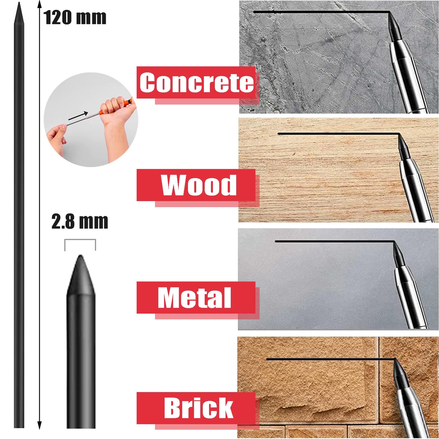36 Pcs 2.8mm Pencil Lead Refills for Carpenter Pencil Solid Deep Hole Mechanical Construction Pencils Replacements Study Leads for Architect Woodworking Marking Scribe Tools, Black