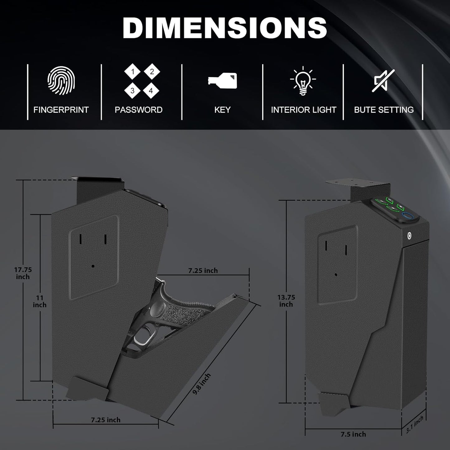 Biometric Mounted Handgun Gun Safe for Nightstand, Desk, Bed Side, Wall,Truck - Auto Open Hidden Hand Gun Safe for Pistol -with Fingerprint, 6-button Backlit Keypad, KEY Access
