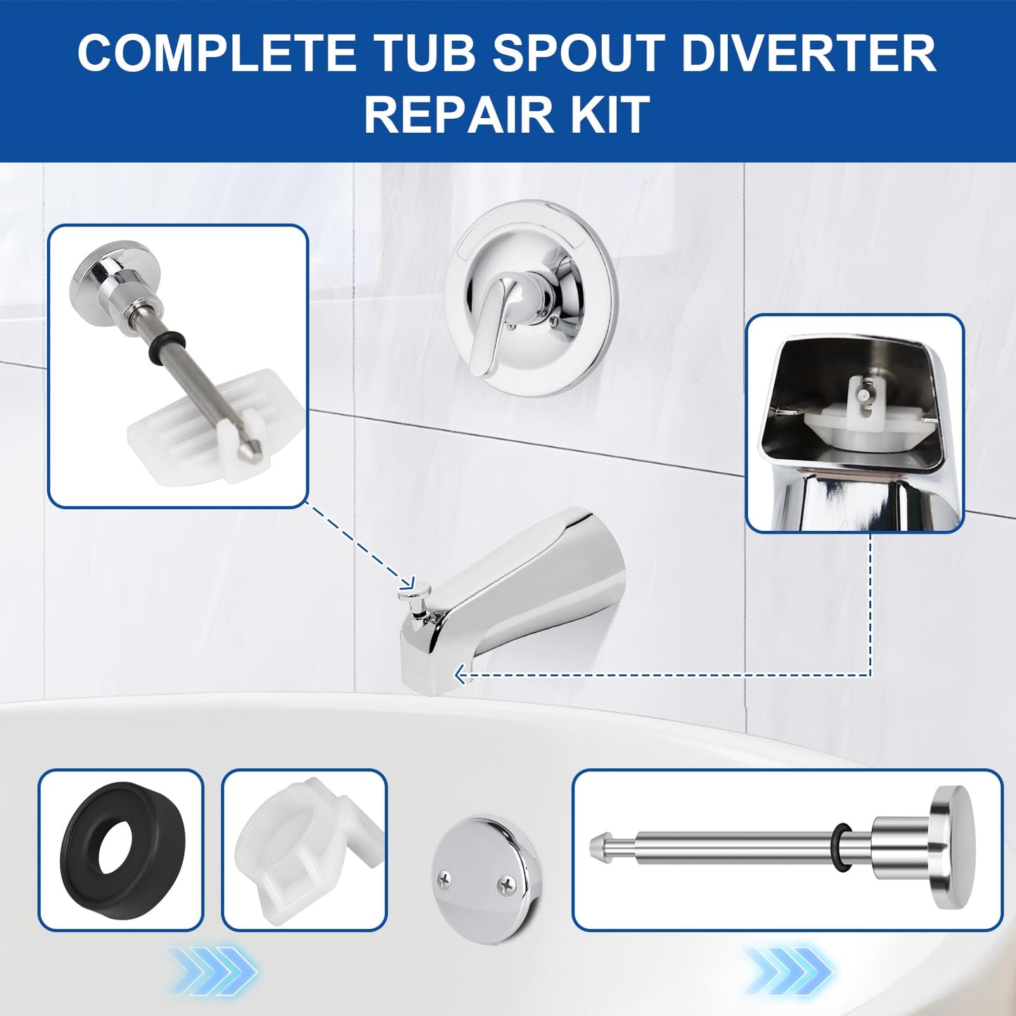 LEETAT 2 Set Universal Tub Spout Diverter Repair Kit, Bathroom Shower Bathtub Leaky Faucet Repair Replacement Parts, Includes 2*Diverter Valve Stems, 2*Gates and 2*Cup Seals (Chrome)
