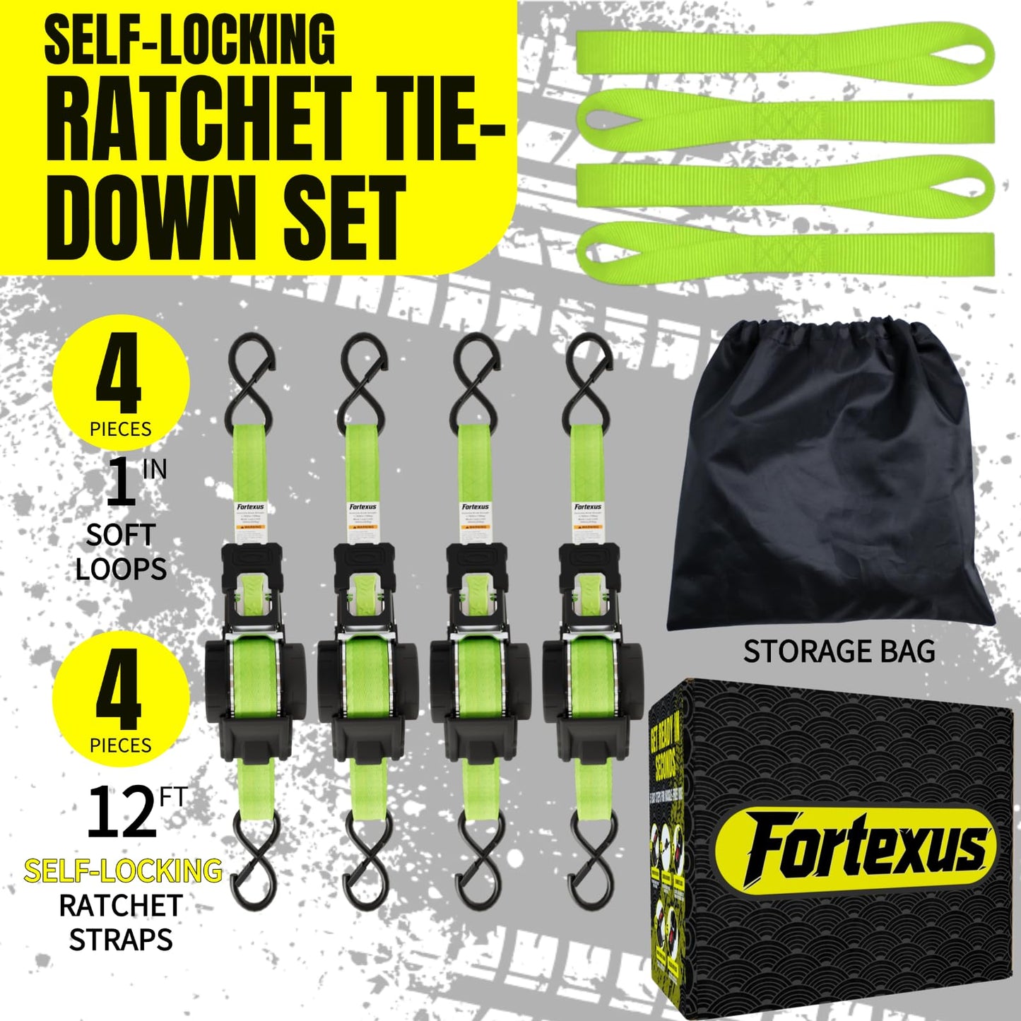 Fortexus Retractable Ratchet Straps,1'' x 12' Tie Downs Automatic Retractable Ratchet Straps 1760lb Break Strength for Trailer,Motorcycle,Scooter,Pickup Truck,UTV,Kayak(Neon Green,4 Pack)