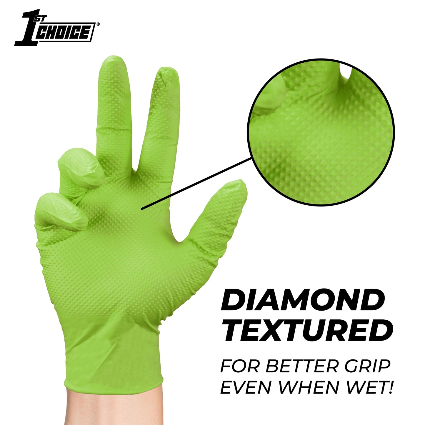 1st Choice 6 mil Green Gloves, Disposable, Latex Free, Raised Diamond Grip, Mechanic Glove for Men, Large, Case of 1000
