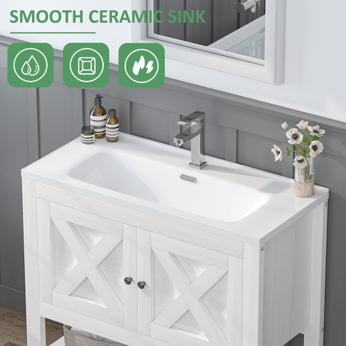 4ever2buy Farmhouse Bathroom Vanity with Sink, 35 Inch Bathroom Vanity Cabinet, Freestanding Vanity, 2 Doors and Open Shelf, Bathroom Cabinet with Ceramic Sink, White