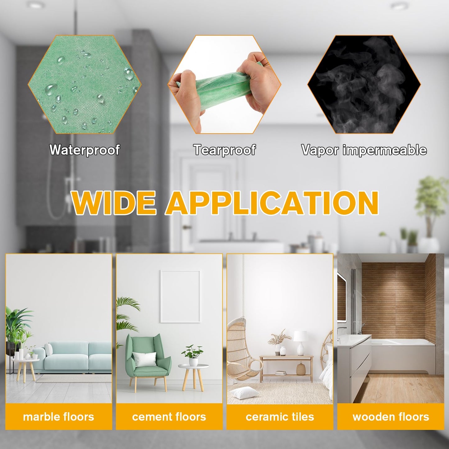 Waterproof Membrane Flooring Underlayment - 23.6 Mil Thick Polyethylene Fabric Roll 3.3ft x 98.5ft(323 SQ) Waterproofing Solution for Showers, Bathrooms, Saunas, Steam Rooms Wet Areas