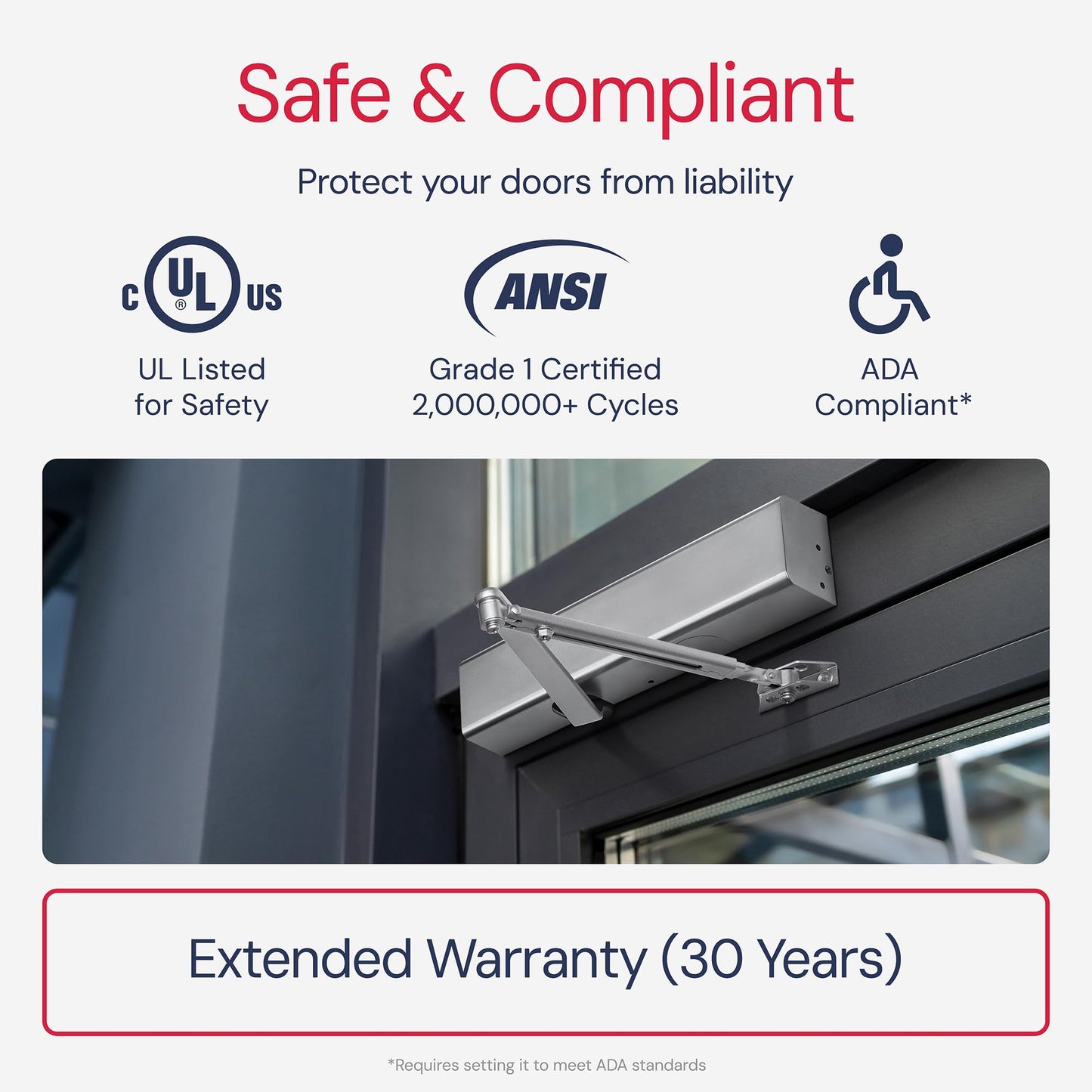 Lawrence Heavy Duty Door Closer Commercial Grade 1 - Adjustable 6-Speed Delayed-Action Door Control with 3 Pistons – Flexible Installation with Included Hardware - Embassy Series LH816