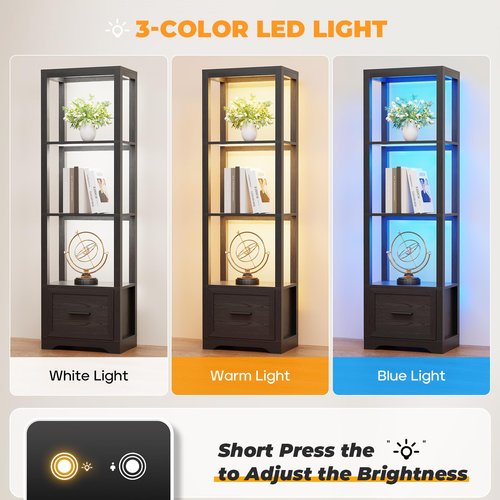 BROTTAR Display Shelf with 3 Color Light, Bookshelf with Drawer, Dimmable Display Cabinet for Collectibles, Bookcase, Display Case for Books, Trophies, Toys, Black