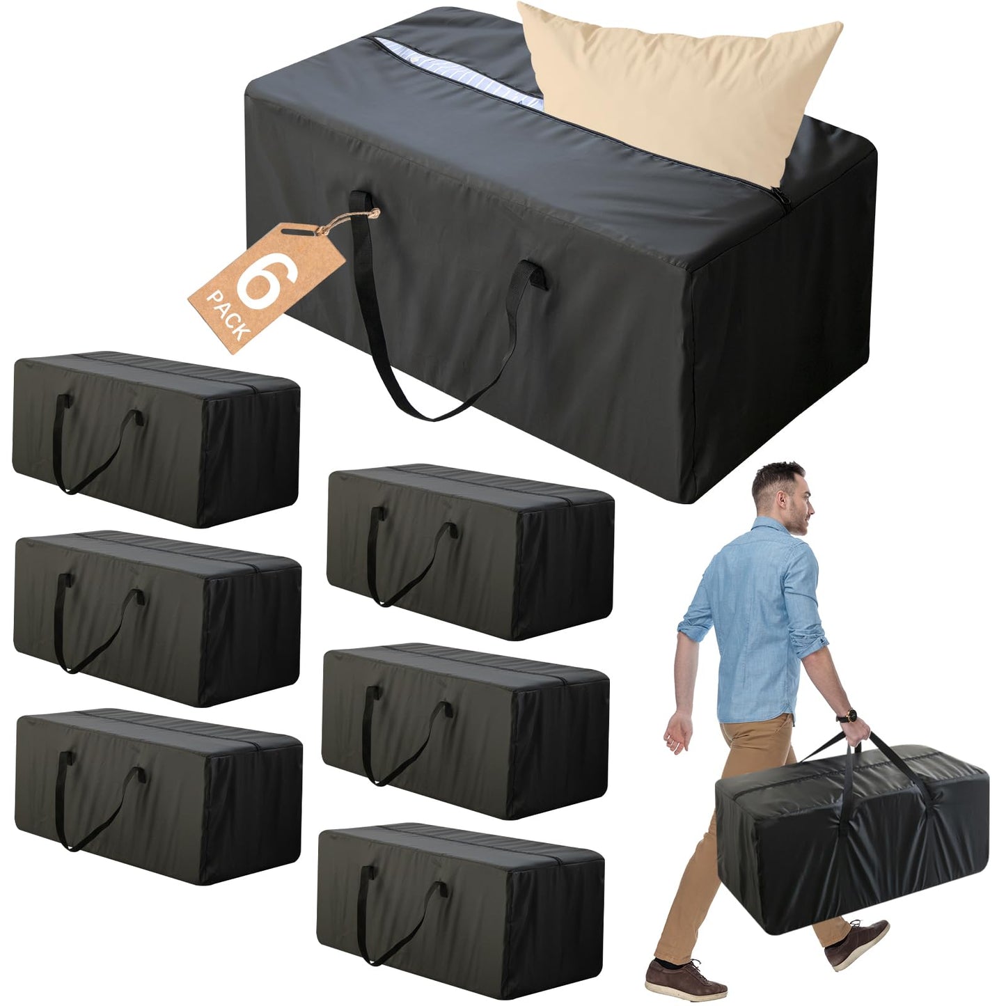 Moving Bags Heavy Duty with Strong Zipper & Handles, Sturdy Clothes Storage Bags, Packing Totes 6 Pack, College Dorm Room Essentials, Black