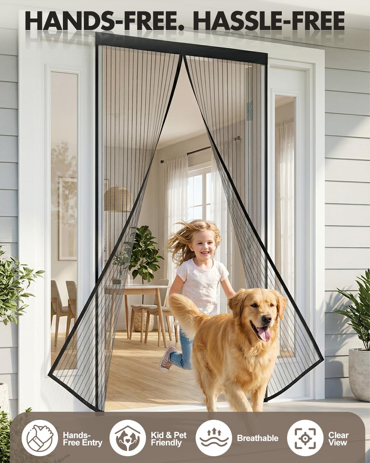 Magnetic Screen Door, Self Sealing & Hands Free Screen Door with Heavy Duty Mesh, Pet & Kid Friendly Screen Door Mesh Keeps Bugs Out, Easy Install with Straps (38"×83" (Fit Door Size 36"×82"))