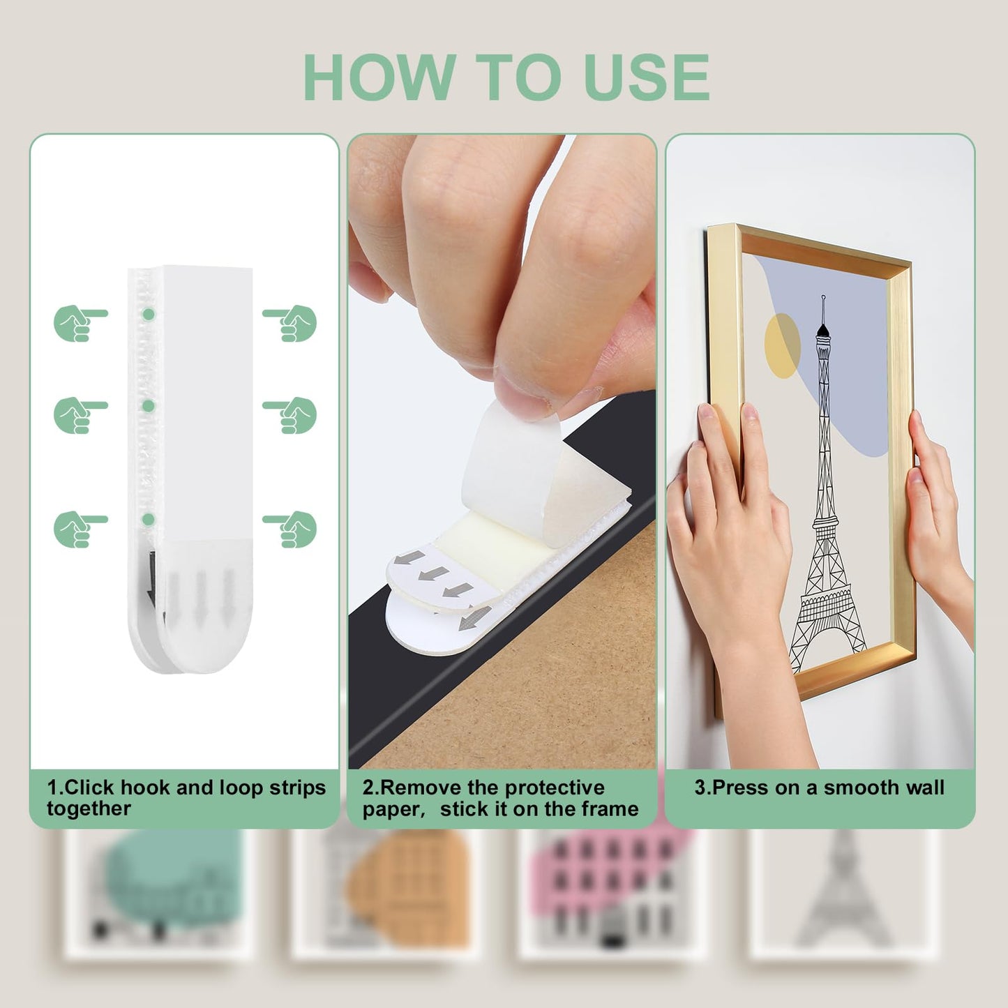 Picture Hanging Strips Kit Heavy Duty, 3 Size No Nails Adhesive Poster Strips for Frame Mounting Hooks, Damage Free Hanging Poster Hangers for Wall Decoration, Classroom, Renter Friendly, White 96 PCS