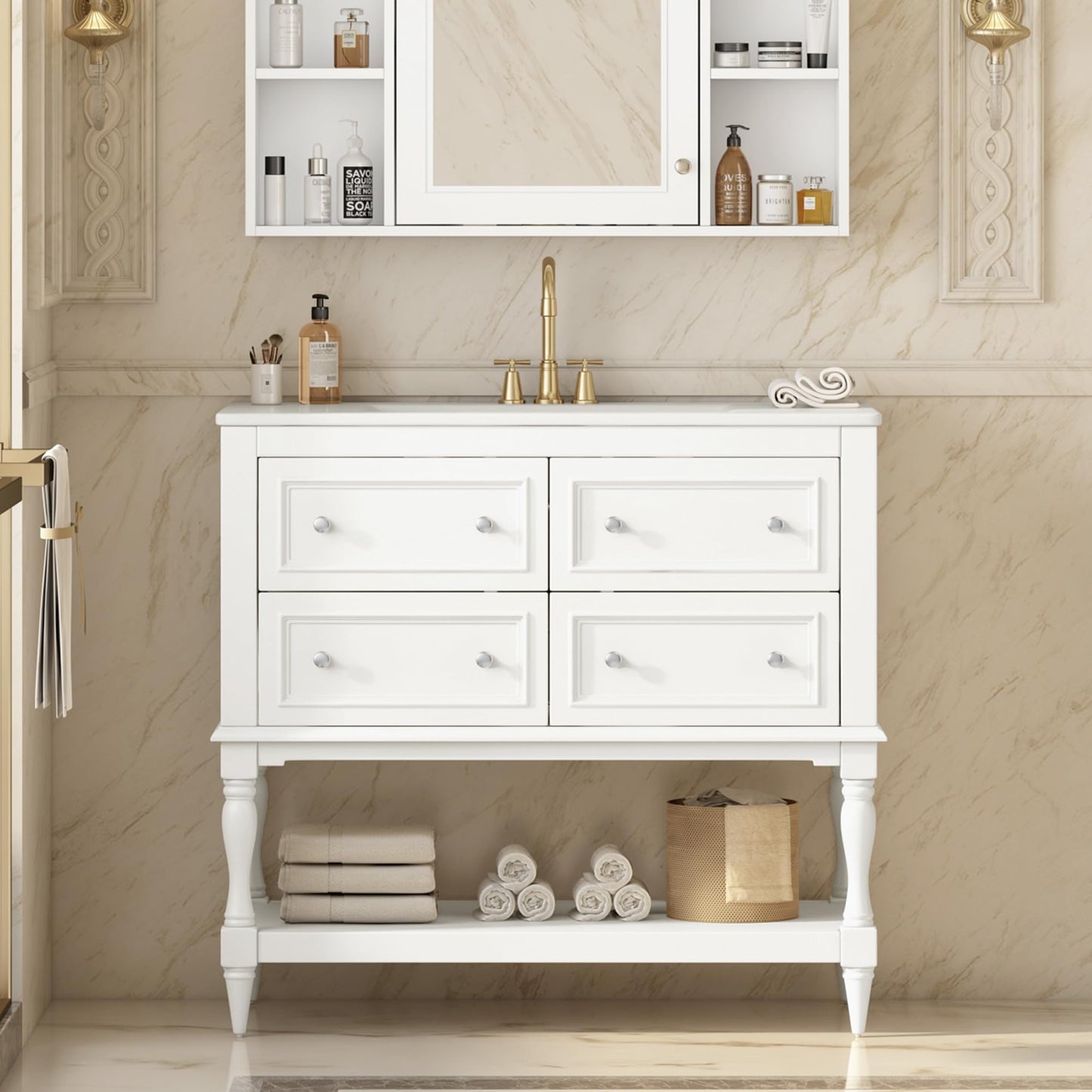 Virubi 36'' Bathroom Vanity with Single Sink, Freestanding Sink Cabinet with 4 Drawers and Open Shelf, Solid Wood Frame Bathroom Storage Cabinet