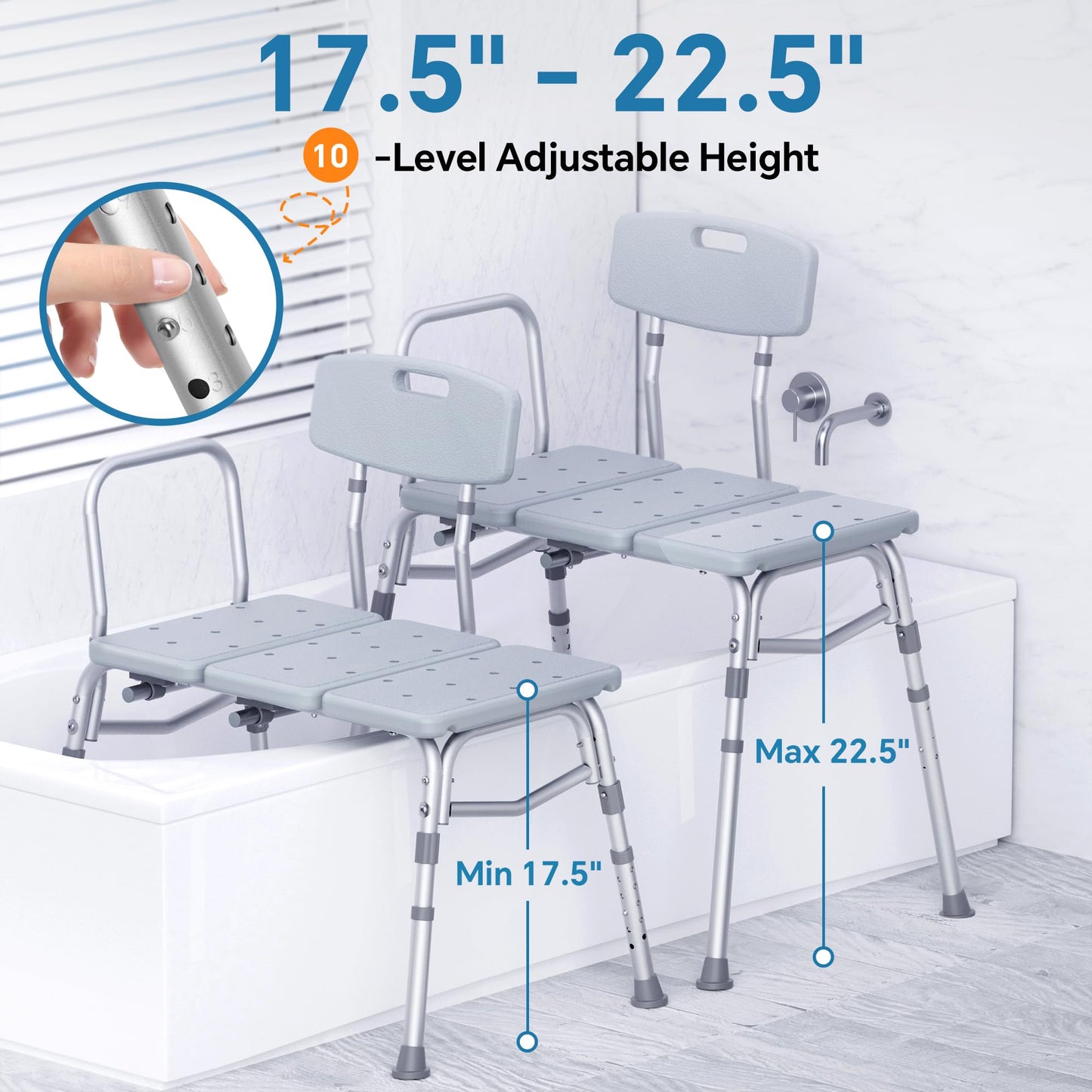 HOMLAND Tub Transfer Bench for Bathtub, 400 lbs Heavy Duty Shower Chair with Backrest, Slip-Resistant Feet, Height Adjustable Shower Bench Shower Seat for Elderly and Disabled