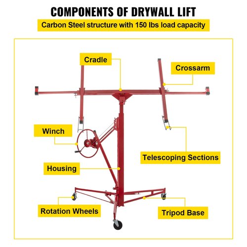VEVOR Drywall Rolling Lifter Panel, 11ft Sheetrock Lift Drywall Lift, 150lb Weight Capacity Panel Hoist Jack Tool, Steel Material w/Telescopic Arm & 3 Lockable Wheels, 48x192 in Plasterboard Size