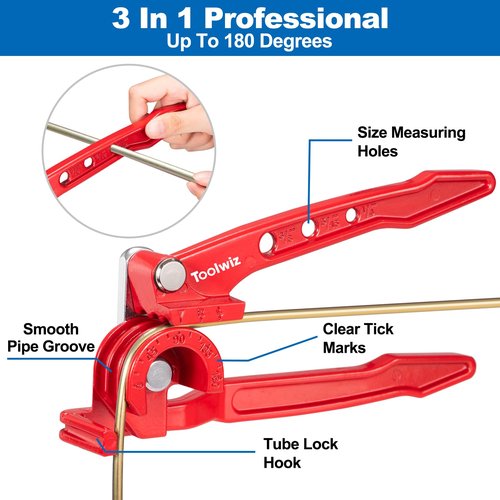 Toolwiz Pipe Bender 3-in-1 Manual Tube Bender for 1/4'' 5/16'' 3/8'' Tubing 0-180 Degrees Heavy Duty Brake Line Bending Tool for Copper Brass and Aluminum Pipes