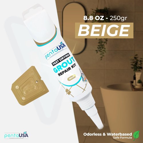 PentaUSA Tile Grout Repair Kit - Beige Filler, Triple Protection, Fast Drying Formula Restores and Renews Grout Lines With Float (8.8oz / 250gr)