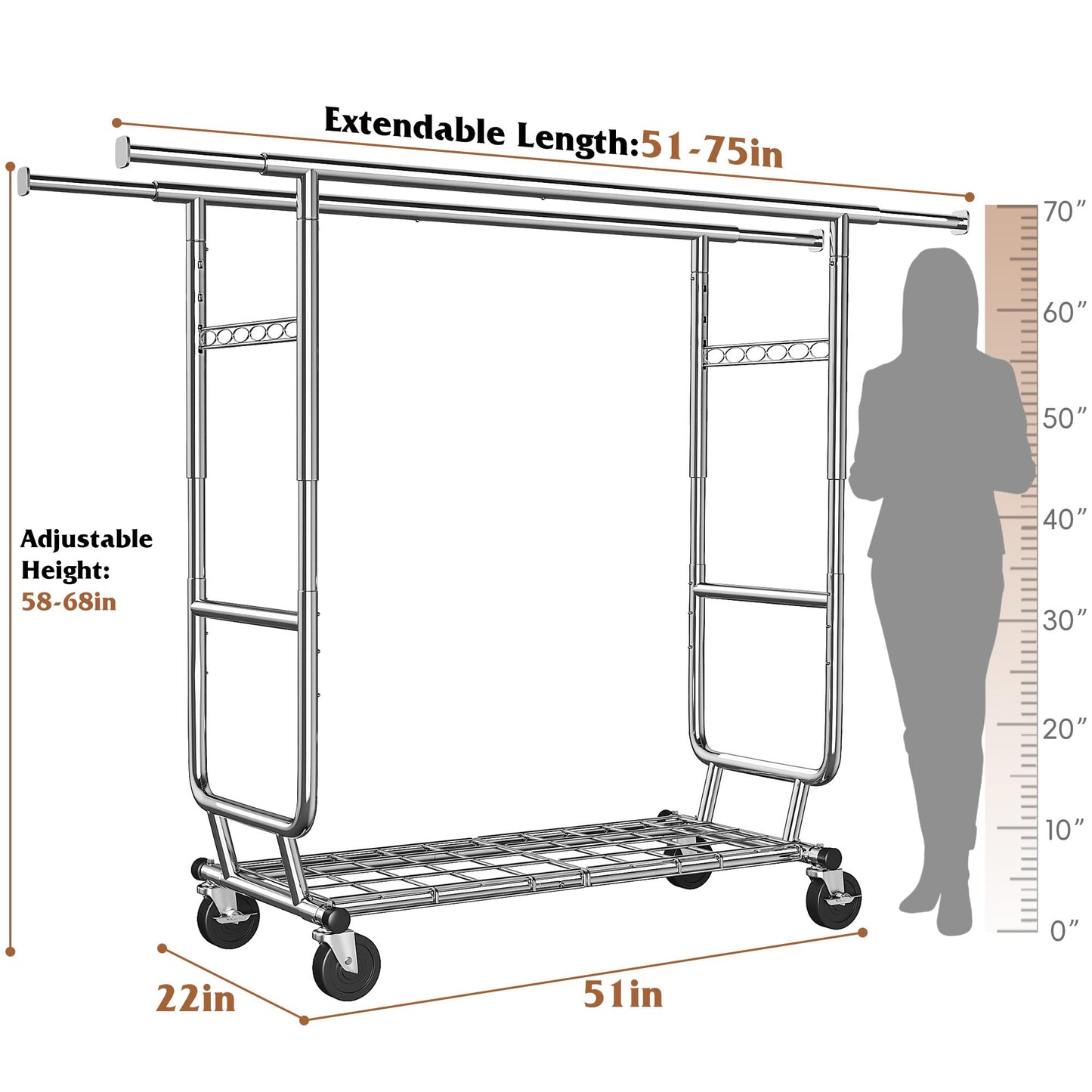 Raybee Clothes Rack Load 630LBS, Heavy Duty Clothes Rack, Rolling Clothing Racks for Hanging Clothes with Wheels, Adjustable & Commercial Garment Rack, 22" D x 75" W x 68" H