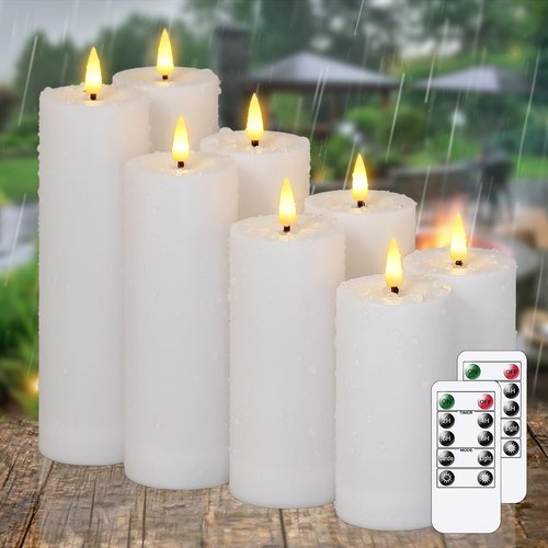 Vtobay 8pcs Waterproof Plastic Flameless 2.2" x4" 4" 5" 5" 6" 6" 7" 7" Flickering White Candles with Remote and Timer, Outdoor LED Battery Operated Warm Light Long Lasting 600 Hrs
