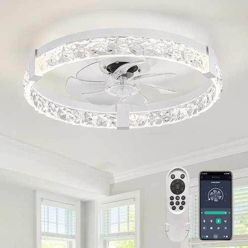 SIYOMG Low Profile Ceiling Fan with Light and Remote - 19.7'' Smart Fan, with Remote Control/WiFi/APP, 6 Speed Settings, Dimmable 3000K-6000K LED, Flush Mount Ceiling Fan for Bedroom(White)