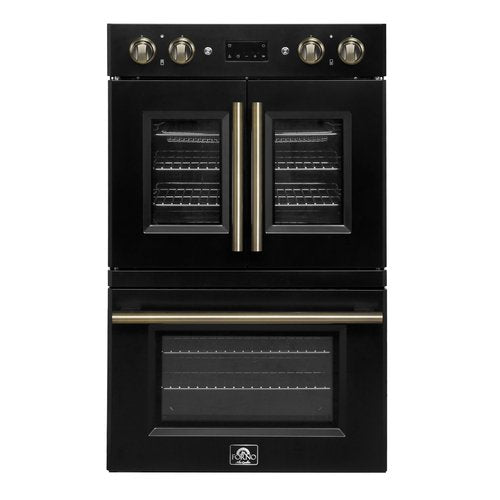 Forno Asti 30-Inch Double Electric Wall Oven with Upper French Doors in Black & Antique Brass – 7.36 Cu. Ft. Dual True Convection, 7200W, Air Fry, Sous Vide, Self-Cleaning Function