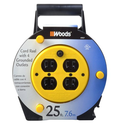 Woods Light Duty Extension Cord Reel, 25Ft, 16 Gauge, 3 Conductor, 4-Outlets, 12A Circuit Breaker, Yellow/Black, 4907