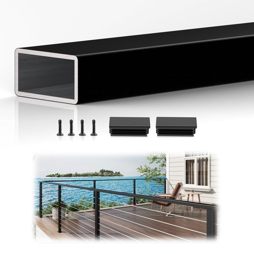 1 Pack 4FTx 2"x1" Aluminum Black Handrail with Nylon End Caps Self Drilling Screws, Rectangular Handrail Cuttable Flat Top Rail for Deck Stair Railing Indoor Outdoor Cable Railing System